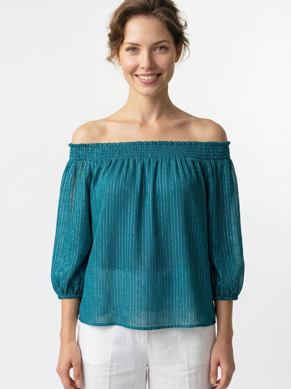 LILLY PULITZER | CeeCee Off-Shoulder Turquoise Gold Peasant Top Women’s Size XS